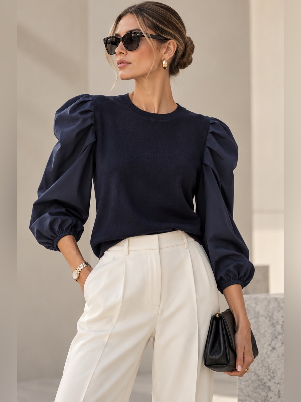 Weekend Max Mara Navy Puff Sleeve Knit Sweater Top Size L